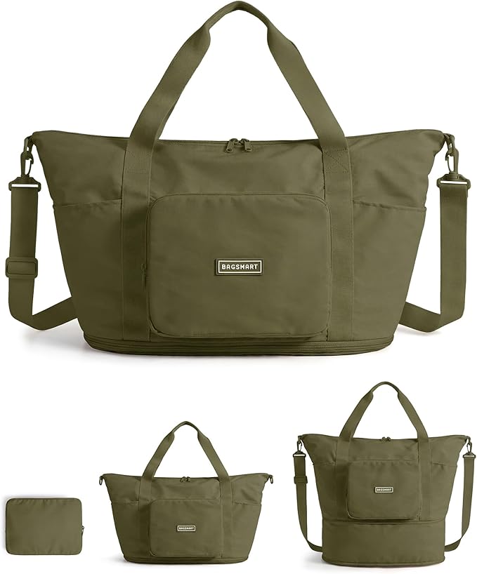 BAGSMART Foldable Travel Bag, 37L Expandable Personal Item Bag, Lightweight Weekender Bags for Women, Water Resistant Extra Carry on for Travel, Kelp Green