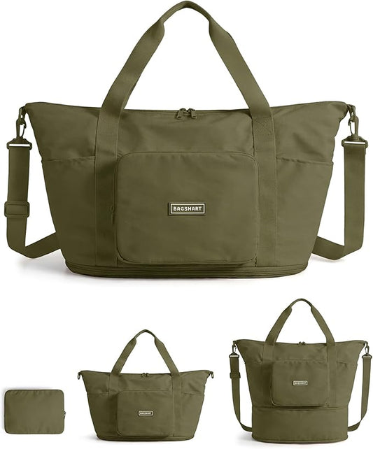 BAGSMART Foldable Travel Bag, 37L Expandable Personal Item Bag, Lightweight Weekender Bags for Women, Water Resistant Extra Carry on for Travel, Kelp Green