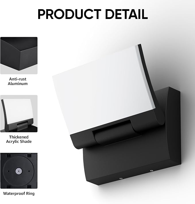 LED Outdoor Wall Light 2-Pack, Rotatable Adjustable Head, IP65 Waterproof Porch Light for House Patio Garage, 3000K Warm White, Matte Black Aluminum Modern Sconce