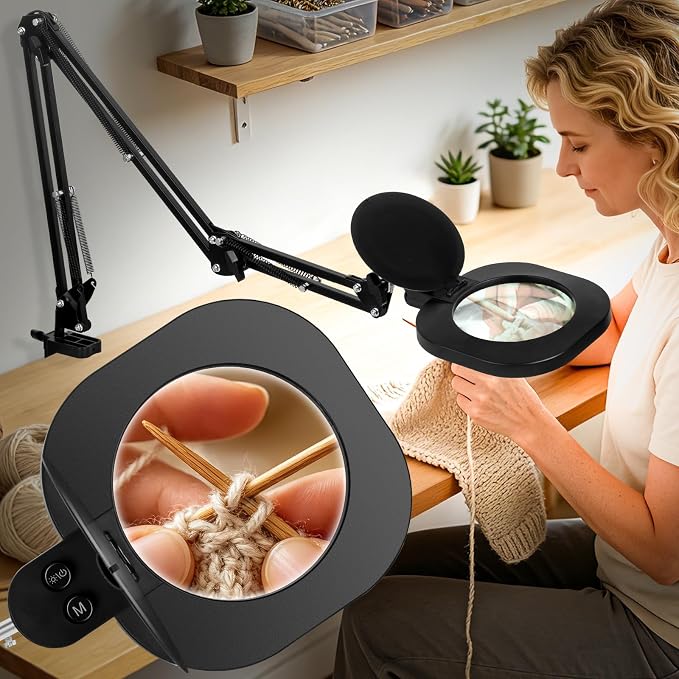 HITTI 2200 Lumens 12X Magnifying Glass with Light and Clamp, 5-Inch Glass | Real Lens, 5 Color Modes, Stepless Dimmable, LED Lighted Magnifier Stand for Workbench, Craft, Soldering, Reading, Painting
