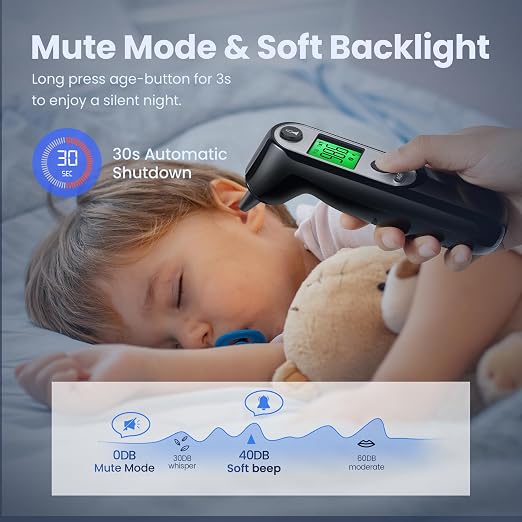 Viproud Digital Ear Thermometer for Kids & Adults, Accurate Results (Black) | With 21 Disposable Probe Covers, 1s Fast Reading, 3-color backlight screen, 30 Memory Recall, ℃/℉ Switchable, Silent Mode