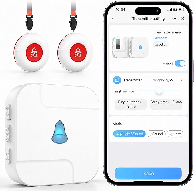 SanJie WiFi Caregiver Pager with Remote App Alerts & Family Sharing, IP55 Water-Resistant Call Button for Elderly at Home, Recovery Care & Night Care, 110dB Loud Alarm & 20 Chimes (Only 2.4GHz Wi-Fi)