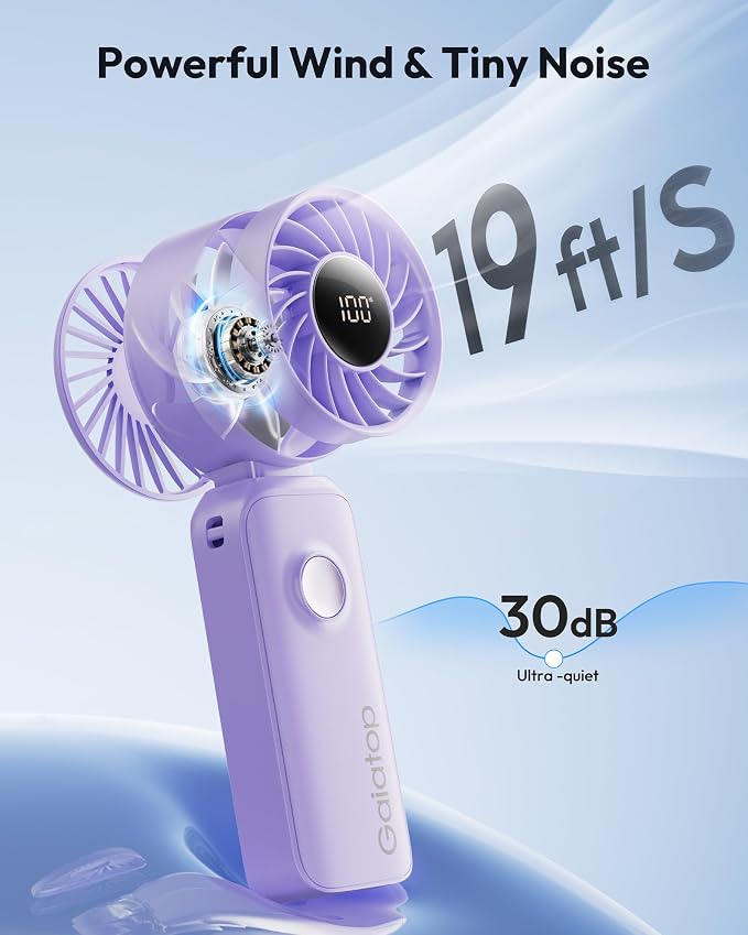 Gaiatop Portable Handheld Fan, 5 Speed Rechargeable Battery Max 18 Working Hours, 3 IN 1 Neck/Desk/Hand Fan Cooling for Travel, Beach, Women/Men Outdoor Activities Gifts - Purple
