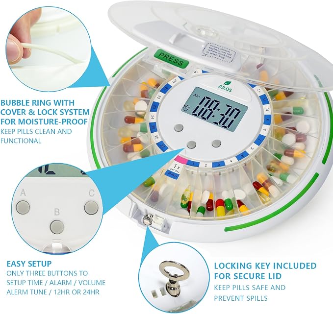 JULOS 28-Day Automatic Pill Dispenser for Seniors with Alarm | Flashing Light & Loud Alert, Key Lock Security, Up to 6 Daily Doses, Medication Reminder for Seniors, Dementia & Caregivers