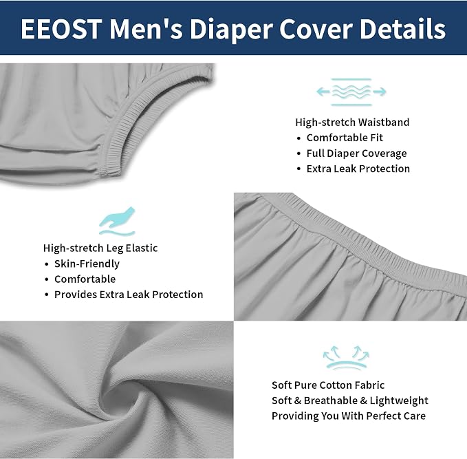 Adult Diaper Cover for Incontinence Noiseless Leak-Protection Underwear Plastic Pants Over Diapers Waterproof Rubber Pants (Gray, S(Men Size))