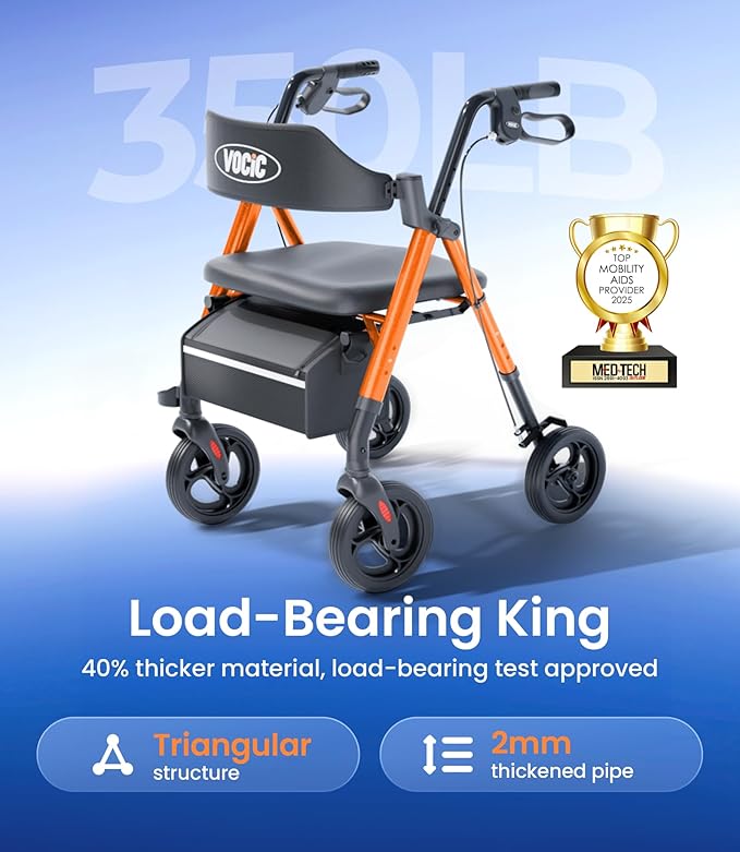 VOCIC Walkers for Seniors, Z21 Rollator Walker with Seat Supports 350lb, 8" Big Wheels for All Terrain, Ergonomic Arc Seat & 6" Ultra Backrest Foldable Walker, Dual Height Adjustment, Lightweight 2025