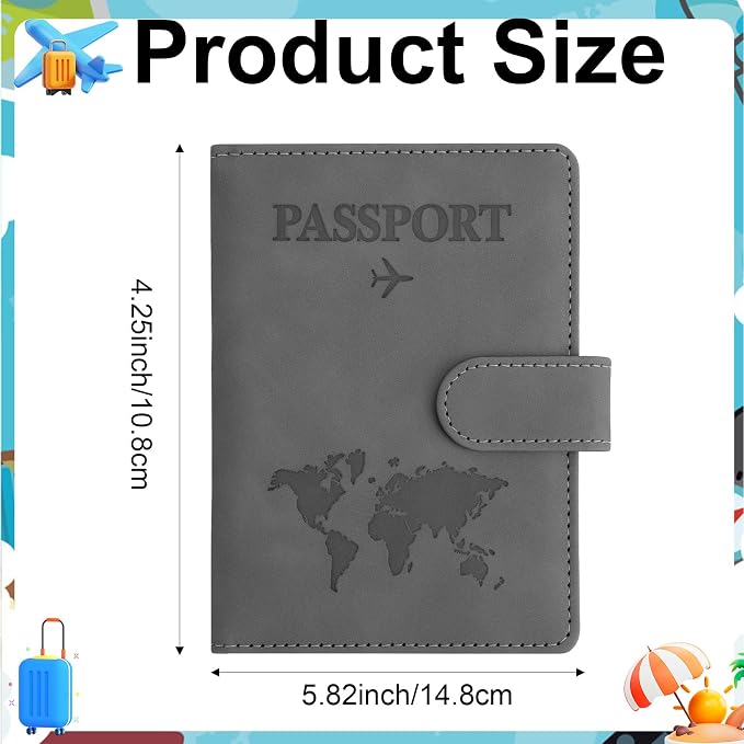 Passport Holder for Travel Essentials, Grey Leather Passport Cover, Passport Wallet Holders for Women Men Family Travel Gifts Must Have Accessories, Credit Card Cash Air Ticket Storage Supplies