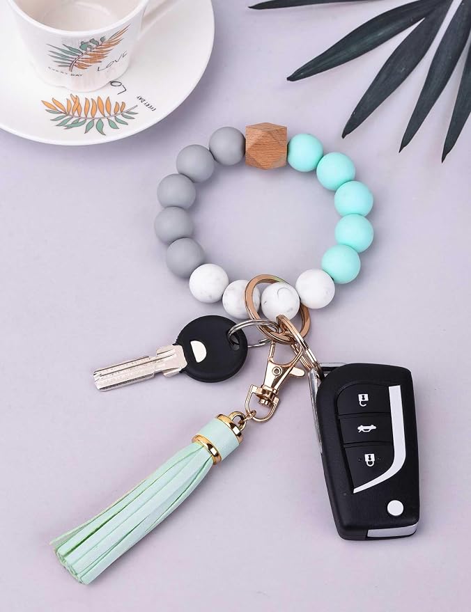 BAOSIWA Silicone Beaded Bracelet Keychain Wristlet Key Ring Bangle Chains for Women with Leather Tassel