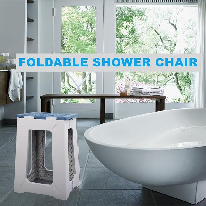 Foldable Small Waterproof Plastic Corner Stool for Bathroom - Foldable Non-Slip Shower Bench/Bathtub Stool for The Elderly, Blue-White Color Scheme,Holds Up to 330 lbs, 17.7 inches
