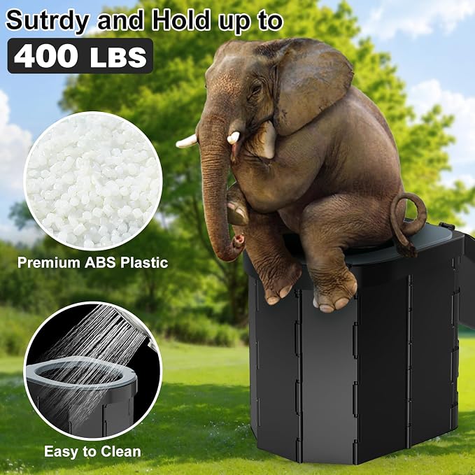 Portable Camping Toilet, Foldable Toilet for Adults with Detachable Phone Shelf and Toilet Paper Holder, Waterproof Porta Potty with Lid for Camping, Hiking, RV Travel, Road Trips