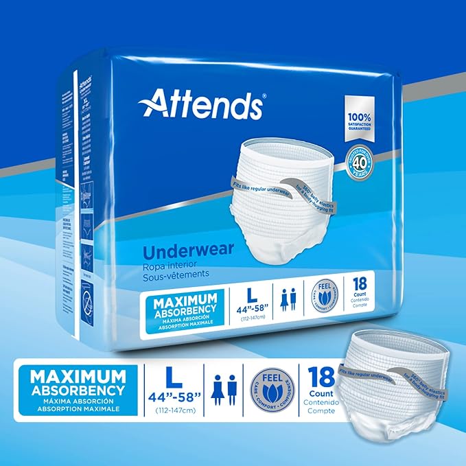 Attends Adult Absorbent Underwear, Large [18 Count] - Maximum Absorbency for Men and Women - Disposable Pull-On Diapers with Tear-Away Sides and Breathable Waistband - AP0730