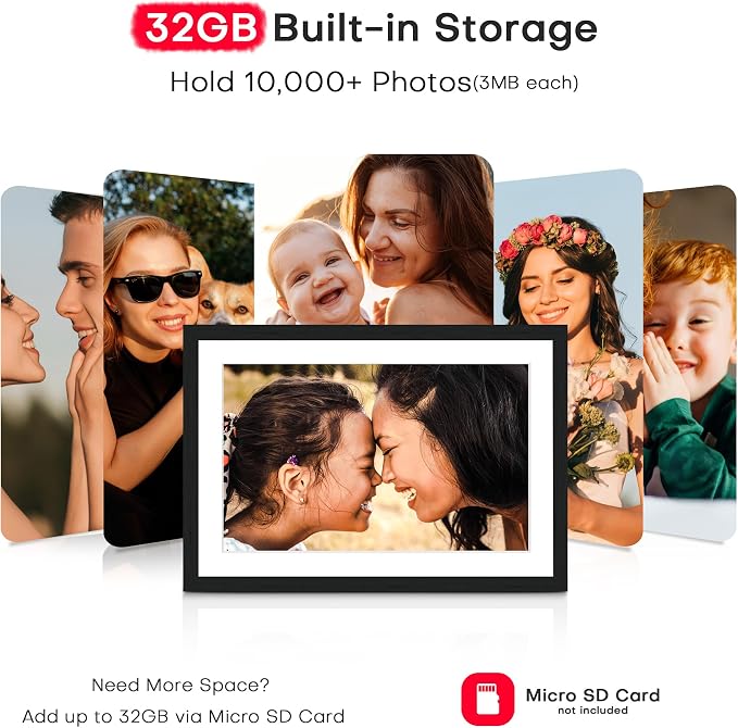 Frameo 10.1" Digital Picture Frame WiFi Wood, 1280 * 800 IPS HD Touchscreen, 32GB Storage, Instant Share Photo Video, Gifts for Mom, House Warming