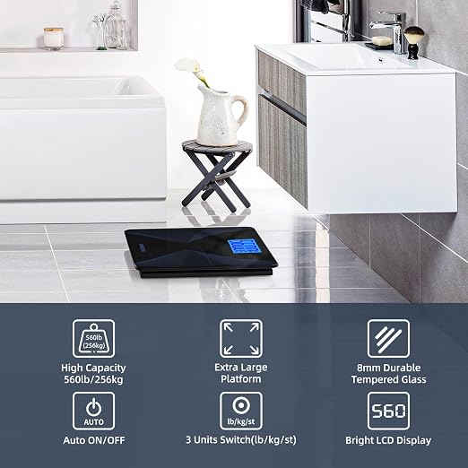 Scale for Body Weight 560lbs MPBEKING High Capacity Bathroom Scales Extra Large Platform Accurate Weighing Scale LCD Backlit Display with Tape Measure & 4 AAA Batteries (Black)