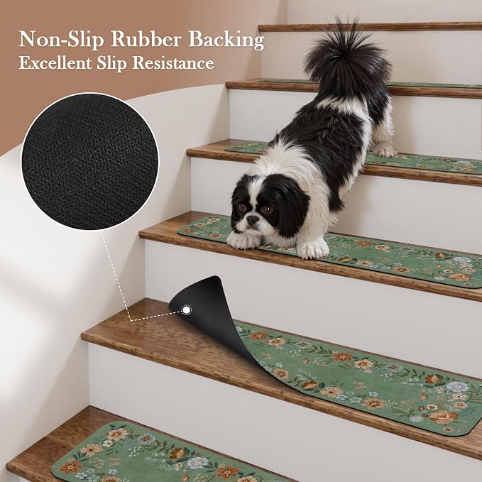 OJIA Green Stair Treads Non-Slip Stair Runner for Wooden Steps 15PC 30"x8" | Indoor Stair Mats Carpet Stair Treads Staircase Step Treads for Kids, Elders and Dogs, Floral Stair Covers