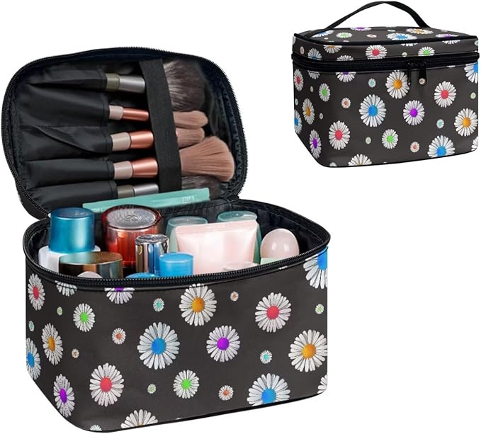 Color Daisy Flowers Makeup Bag Travel Cosmetic Bag Floral Organizer Toiletry Bag, Small Flower Pattern Make Up Bags with Compartments for Women