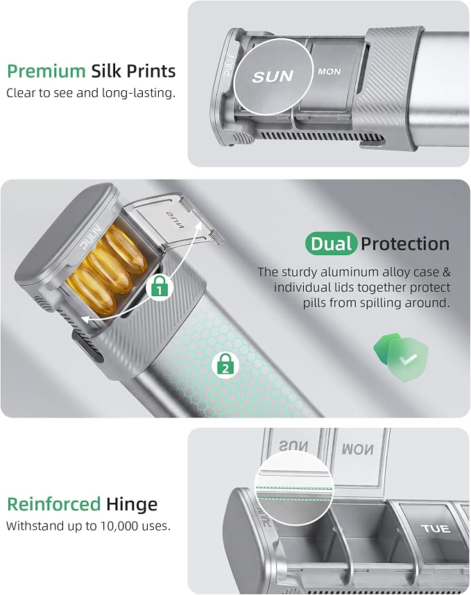 PULIV Metal Weekly Pill Organizer with Sturdy & Sleek Aluminum Alloy Case, Pill Case with Triple Protection Against Spilling, Compact Travel Pill Box 7 Day for Vitamins, Fish Oil, Supplements, Silver
