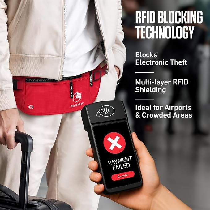 VENTURE 4TH Travel Money Belt, RFID Blocking Passport Holder - Red