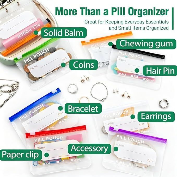 Waterproof Pill Organizer Set, Pill Pouch Organizer Binder, Waterproof Pill Pouch Set, Travel Medicine Organizers with 14 Color-Coded Pouches, Leakproof Reusable Zippered Storage Case(Green)