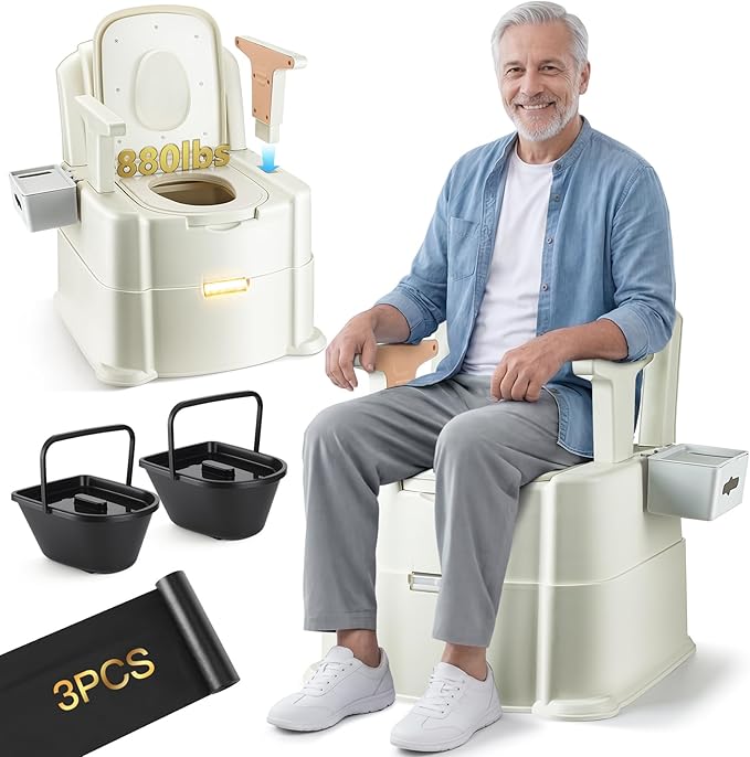 880 Lbs Heavy Duty Bedside Commode, 3-in-1 Portable Potty Chair for Elderly & Adults, Camping Toilet with Motion Light, PU Padded Sofa Chair, 2 Heights, Buckets & Tissue Box
