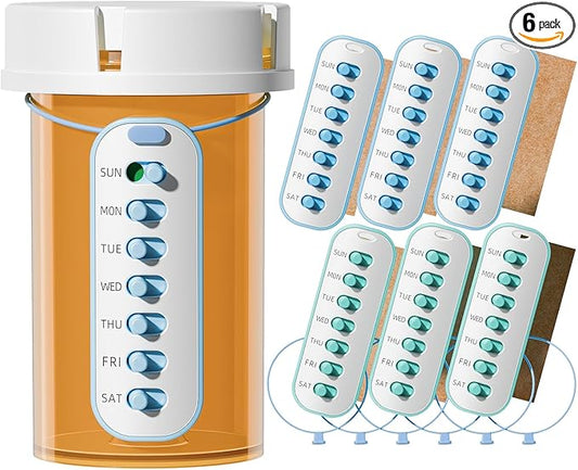 Odaro 6 Pack Pill Reminder, Lanyad or Sticker Pill Tracker, Work with Most Bottles, Reusable Medication Tracker Replacement of Vitamin Weekly (7 Day) Medicine Organizer