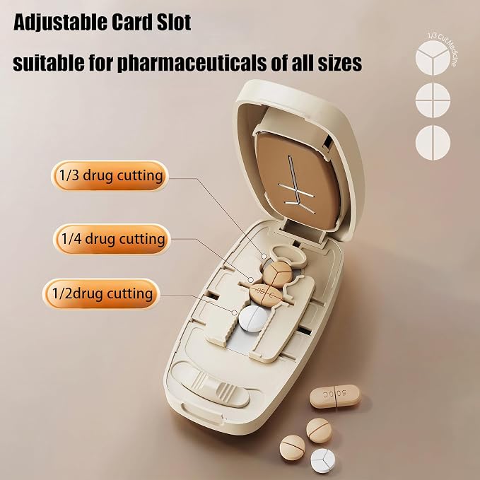 Pill Cutter Splitter for Small and Tiny Pills - Pill Cutter 1/4 - Accurately Cuts Multiple Pills - Easy Open Snap Button. Detachable Nonslip V-Shaped Pad. Wrap-Around Blade Guard. Back Storage (White)