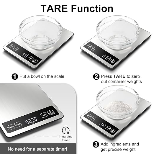 Fuzion Food Scale, 1g/0.1oz Kitchen Scale Grams and Ounces - 22lb, 7 Units, Tare & Timer Functions, Rechargeable Power, Tempered Glass & Stainless Steel - Digital Food Scale for Cooking, Baking