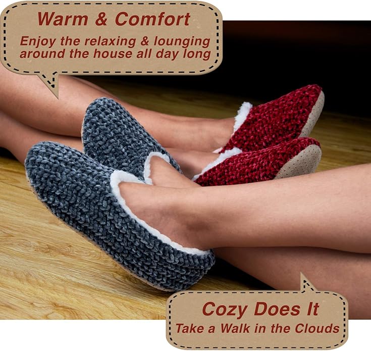 cosyone1997 2-Pair Thick Warm Fuzzy Slippers for Women Indoor Fluffy Sherpa Lined, Winter House Shoe Socks Non-Slip Soft Soles, Cozy Christmas Gifts