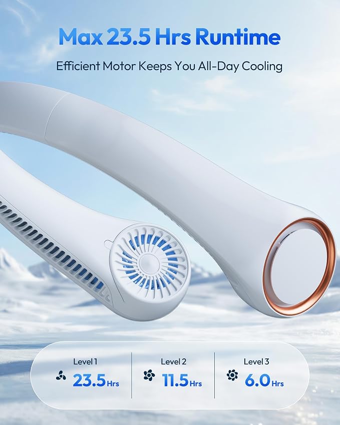 Gaiatop Portable Neck Fan Rechargeable, Hands-Free Cooling, 23.5hrs Runtime | Battery Powered Personal Wearable Fan, Summer Outdoor Travel Essentials, Birthday Gifts for Women Men Teens, White