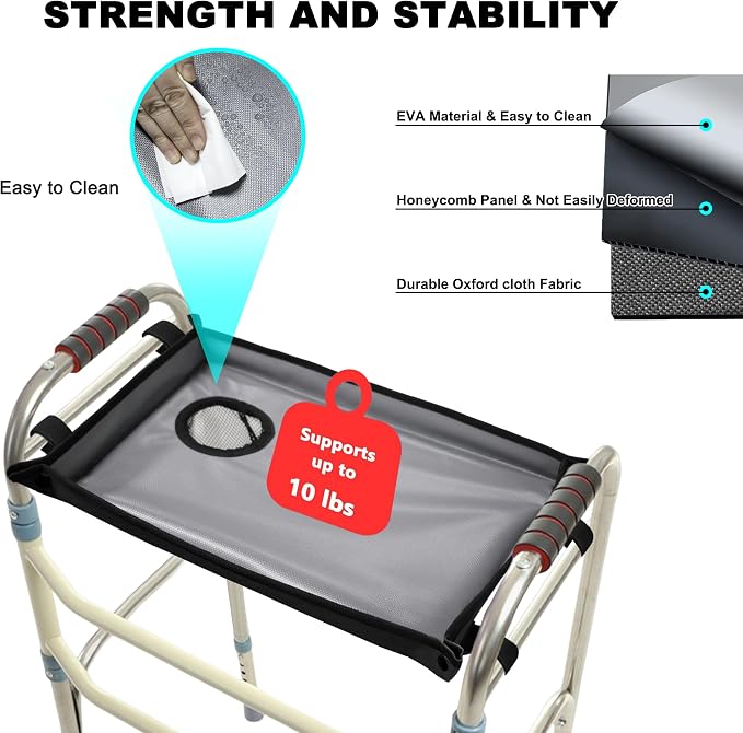 Walker Tray for Folding Walker with Cup Holder, Detachable Tray for Walker, Walker Accessories for Senior with Non-Slip Mat, Universal Fit for Meals, Drinks, Reading,Laptop (Black)