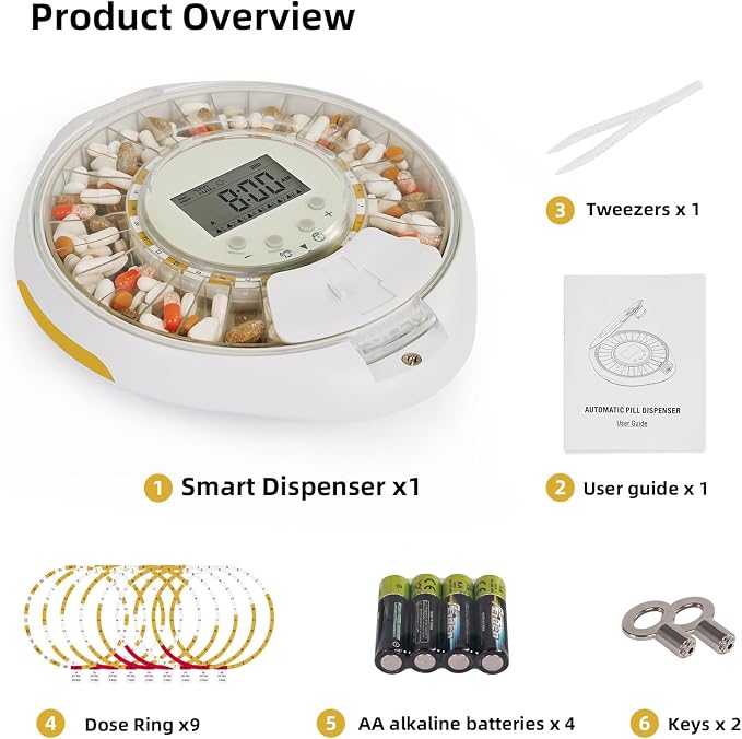 Bluetooth Automatic Pill Dispenser with Safety Lock for Seniors | App/Sound/Light Reminder - Up to 9 Alarms/Day, Medication Track History, Front Security Lock & Ergonomic Flip Lid