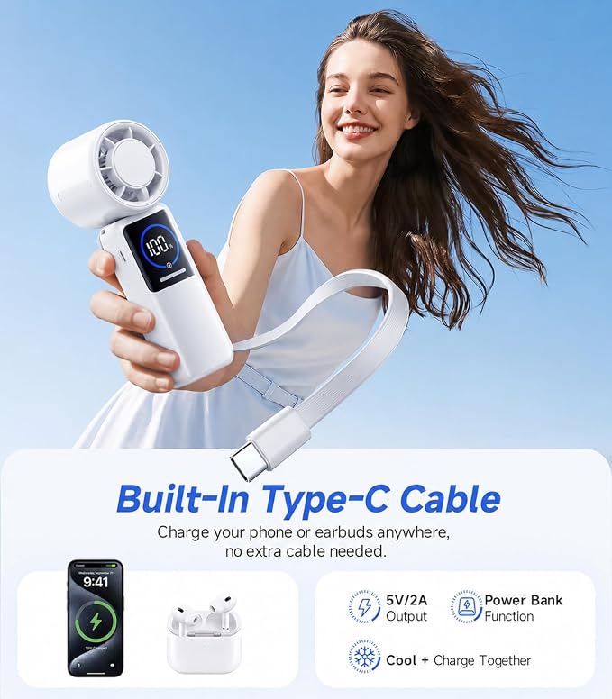 Turbo Portable Handheld Fan, 15000mAh Rechargeable Personal Fan for Travel | 15m/s Foldable Neck Fan with 100 Speeds, Up to 50H Runtime, Built-in USB-C Output and Display for Concerts and Outdoors