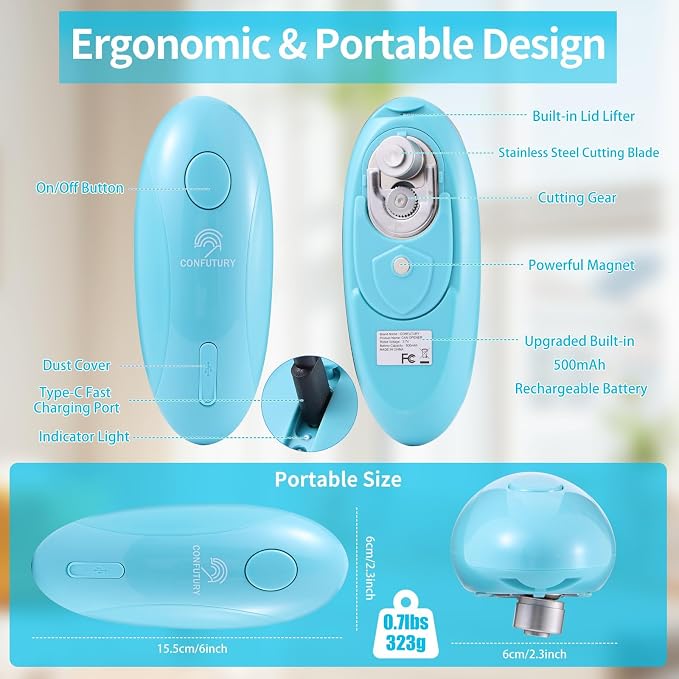 Rechargeable Can Opener Electric for Seniors, One-Touch Design (Blue) | Smooth Edge Cutting, USB-C Charging, Angled Blade, Magnetic Lid Catch, ABS Body, Easy Operation, Hands-Free