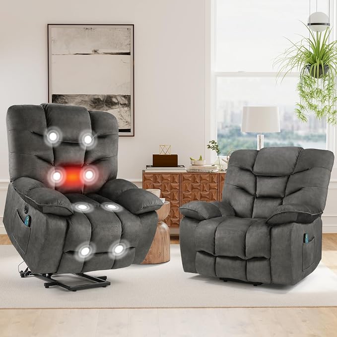 HAOMARKETS Oversized Power Lift Recliner Set of 2 with Massage and Heat for Elderly, Electric Lifting Reclining Chair with Side Pockets and USB Port for Living Room, Dark Grey