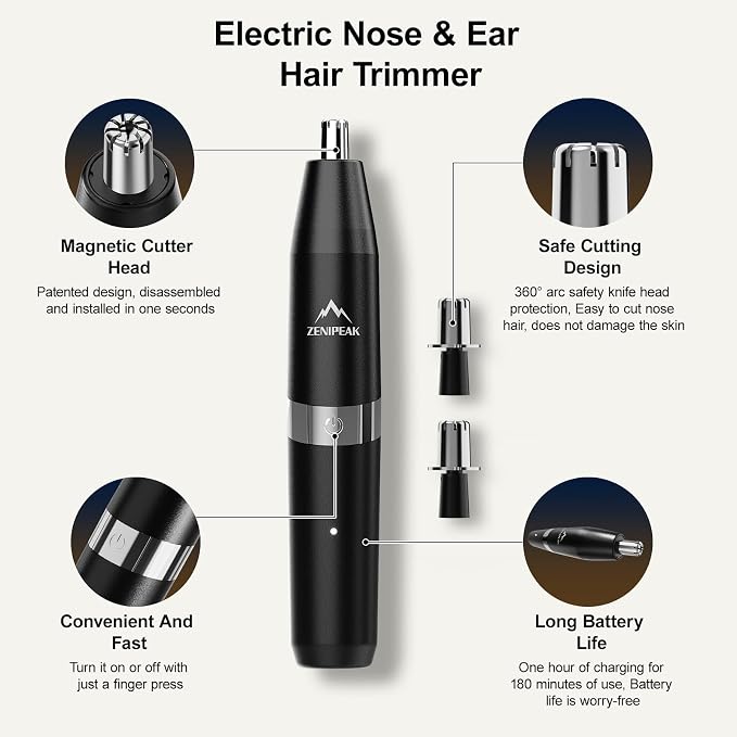 Professional Nose Hair Trimmer for Men & Women, USB-C Rechargeable Electric Ear & Nasal Clipper, Micro-Vacuum, Painless 8000 RPM, 3 Patented Magnetic Heads, Waterproof Travel Kit.