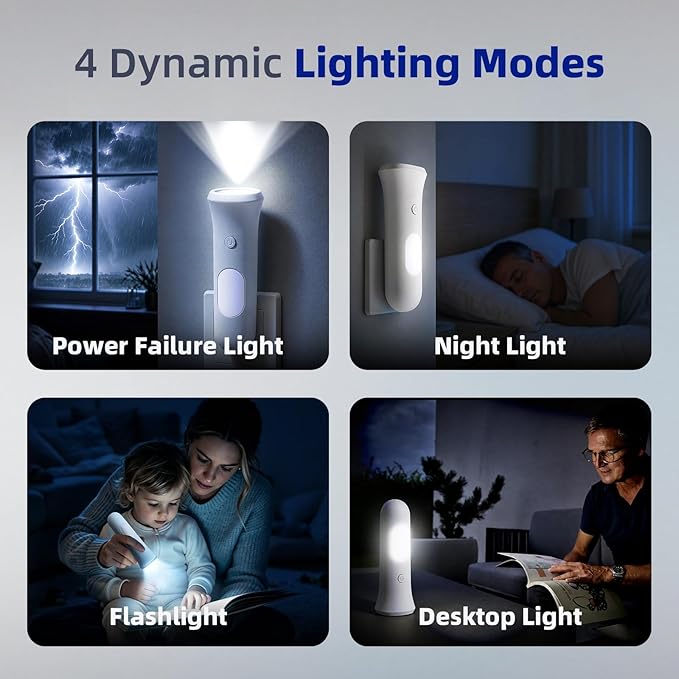 ROSSEX 4 in 1 Emergency Lights for Home Power Failure, 4 Pcs Rechargeable LED Flashlight Plug in Wall, Automatic Turn-On Power Outage Night Light Flashlight for Hurricane Preparedness Items