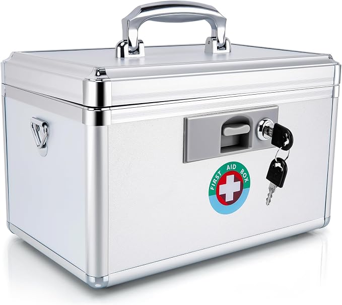 Medicine Lock Box with Key, 12.2" Aluminum First Aid Storage Case, Silver | Secure key lock box for medication. Features 1.25kg lightweight aluminum frame and 11.2" divided tray for home safety.
