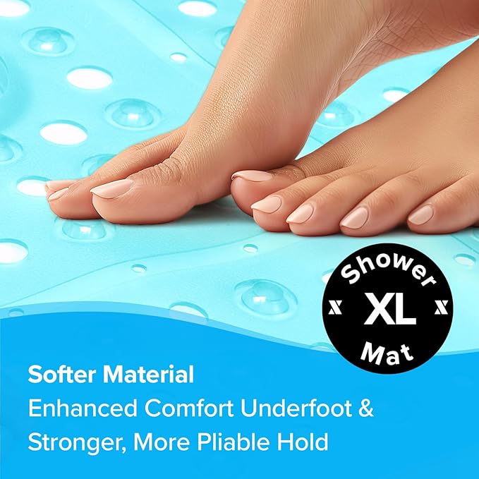 SlipX Solutions 27" Oversize Square Shower Mat, Non-Slip Mat for Elderly & Kids, 100+ Power Grip Suction Cups for Smooth Surfaces, Machine Washable, Transparent Aqua