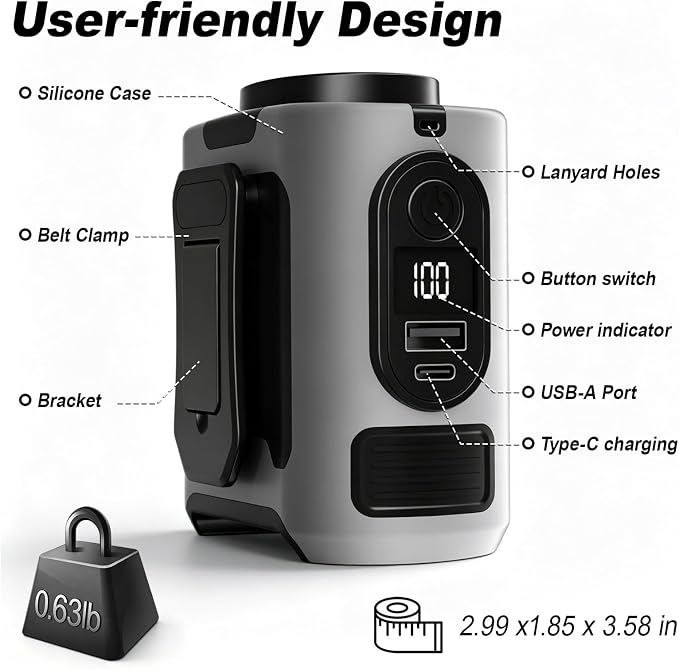 10000mAh Portable Waist Fan Clip on, Personal Cooling for Outdoor | Up to 40H, 5 Speeds 16000RPM Powerful, Hands-Free Shirt/Belt/Neck Fan with Light, for Work Camping Travel