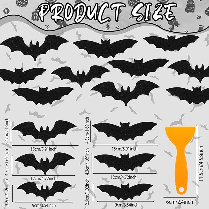 24 Pcs Non Slip Black Bat Bathtub Stickers for Kids Halloween Horror Bath Treads Adhesive Anti Slip Shower Decal Threads with Scraper for Kid Toddler Bath Tub and Shower Floor Bathroom Decor