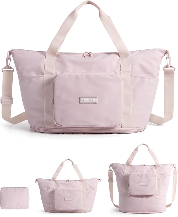 BAGSMART Foldable Travel Bag, 37L Expandable Personal Item Bag, Lightweight Weekender Bags for Women, Water Resistant Extra Carry on for Travel, Pink