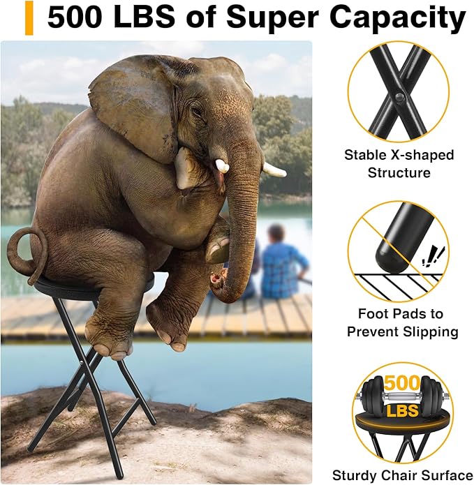 Portable Folding Chair with Handle, Heavy Duty Round Fold Stool Chair | 500lbs Capacityfor Adults, 18 Inch Foldable Stool for Dorm, Kitchen, Vanity, Church and Outdoor use