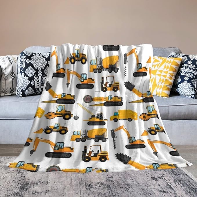 Excavators Construction Blanket Gifts for Yellow Trucks Lover 60 x 50 Inch for Teen,Excavators Trucks Fannel Fleece Throw Blanket Super Soft Throws Blanket for Bed Couch Sofa