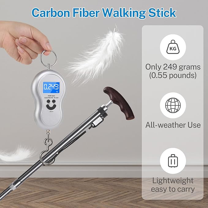 SILAIDESI Adjustable Carbon Fiber Walking Cane with Wooden Handle - Lightweight Mobility Aid for Men & Women, Ideal for Seniors and Injury Recovery (Black)