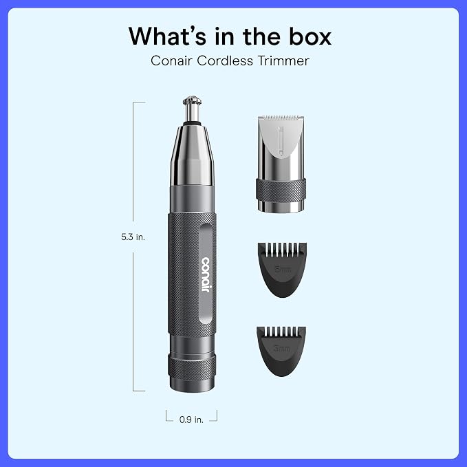 Conair Cordless Nose Ear and Eyebrow Trimmer Grooming Kit | 5-Piece Metal Grooming Kit with Patented 360° Bevel Blade for Safe Trimming, Metallic, PG7500R