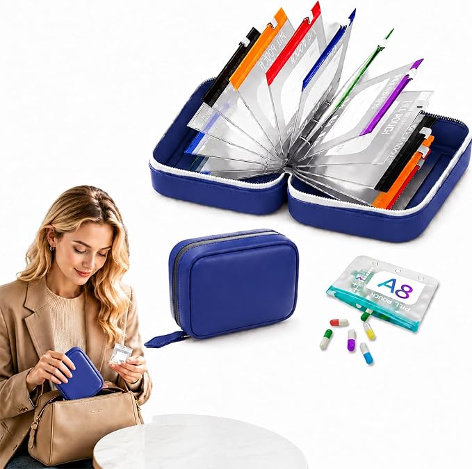 2026 New A8 Blue Waterproof Pill Pouch Set,Travel Pill Organizer with 14 Reusable Pill Pouches, Large 7 Day Twice-Daily Travel Medicine Case for Purse, Compact Medication Storage Bag