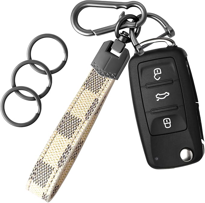 OHKYOOT Leather Car Keychain for Home Car Keys | Carabiner Clip Key Fob Keychain for Women Men,Car Key Holder with 3 Key Ring and Anti-Lost D Ring