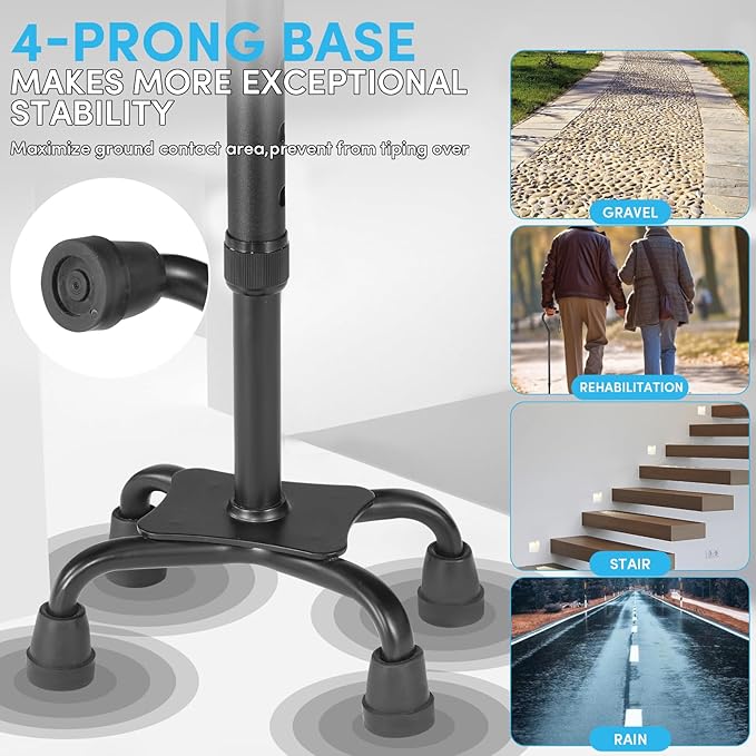Adjustable Walking Cane for Women ＆ Men with 4-Pronged Base for Extra Stability, Foam Padded Offset Handle for Soft Grip, Foldable Cane for Seniors for Stability with 3 Different Cane Tips