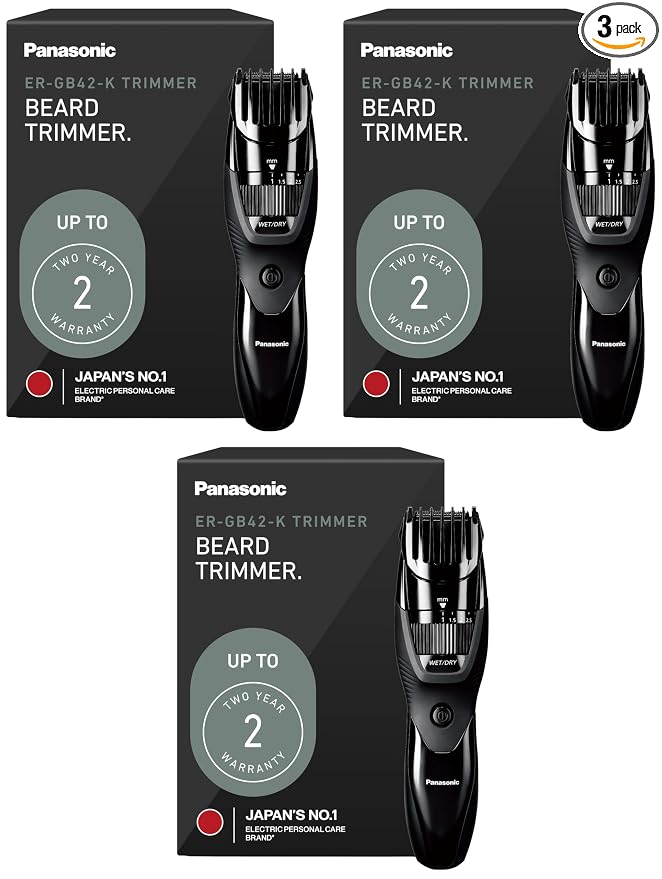 Panasonic Cordless Beard Trimmer for Men with Precision Dial,19 Adjustable Length Settings,Rechargeable Battery,Washable - ER-GB42-K (Black),(Pack of 3)
