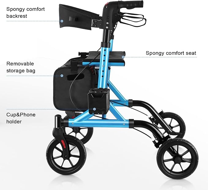 WALK MATE Rollator Walker for Seniors with Cup Holder, Upgraded Thumb Press Button for Height Adjustment, 4 x 8 Wheels Walker with Seat Padded Backrest Folding Lightweight Walking Aid, Blue