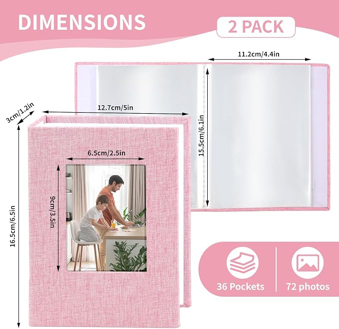 vivinin 2 Pack Photo Album 4x6, Linen Cover Photo Book, Small Photo Album Book for 36 Pockets Hold 72 Pictures, Picture Book for Photos Family Anniversaries Baby Vacations（Pink）